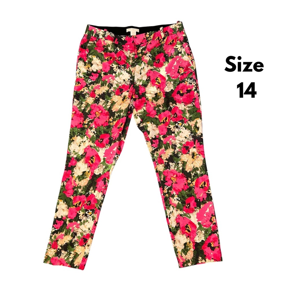 H&M Womens Dress Pants Sz 14 Large Mid Rise floral pink green cropped #221